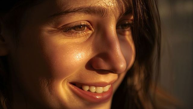 Smiling young woman in golden-hour close-up showing glowing skin, glossy lips, warm lashes