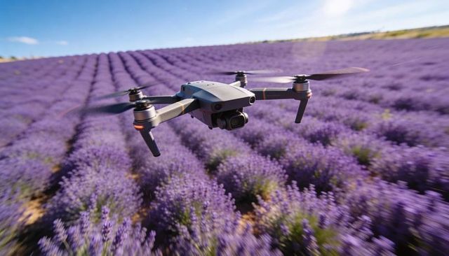 Quadcopter Hovering Over Lavender Rows Capturing Aerial Perspective of Purple Farmland