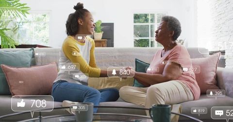 Family Bonding in Living Room With Social Media Overlay