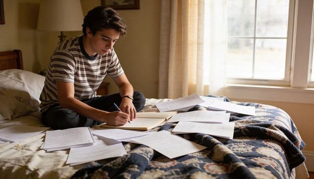 Teen Focusing on Studies on Bed Surrounded by Notes, Writing in Spiral Notebook