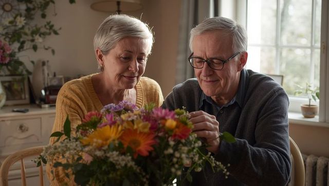 Senior couple arranging vibrant bouquet together at cozy sunlit dining table, companionship