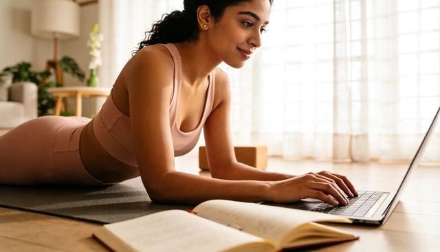 Young woman following online workout on laptop while lying on yoga mat in activewear