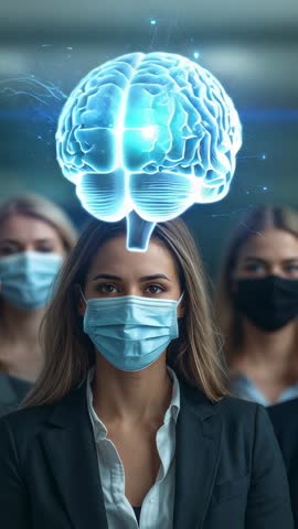 Holographic brain hovering above masked businesswoman showcasing neuroscience innovation