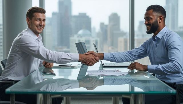 Shaking hands across glass table in modern high-rise office during business agreement