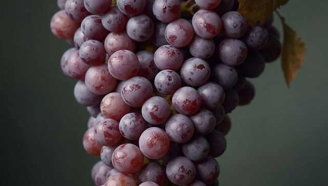 Cluster of fresh purple grapes with water droplets in detailed close-up