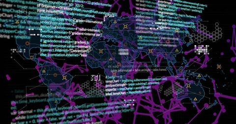 Displaying translucent world network map with floating code, neon cyber interface overlay