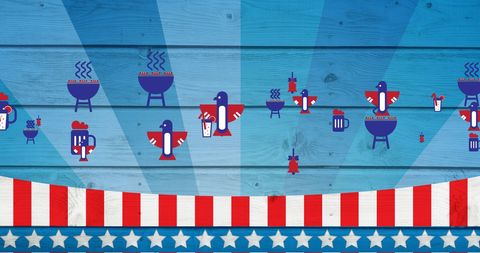 American Themed BBQ and Beer Icons Over Patriotic Background