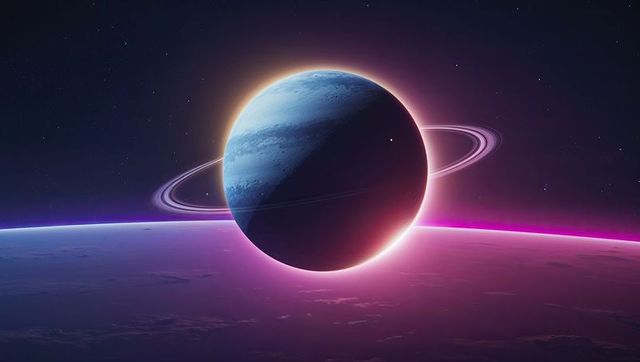 Abstract Ringed Gas Giant Above Vibrant Planetary Horizon