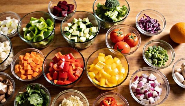 Showcasing vibrant diced vegetables in glass bowls for meal prep flatlay