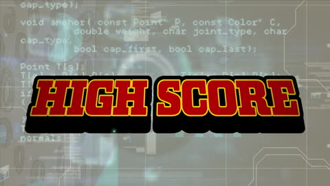Animated High Score Banner Overlaying Digital Data Interface