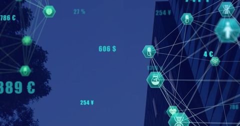 Teal Hexagonal Network Nodes Overlaying Urban Facade with Currency Values and Data Links