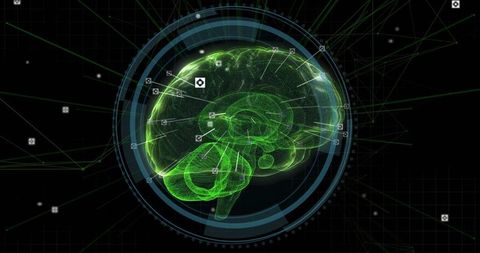 Rotating neon green wireframe brain hologram orbiting hud rings with linked data nodes