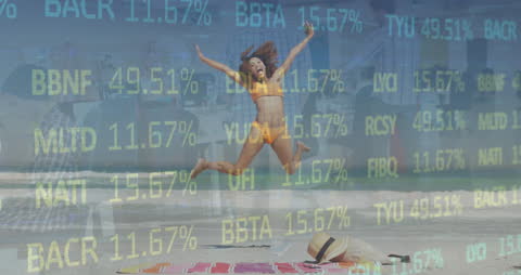 Joyful Woman at Beach with Stock Market Data Overlay