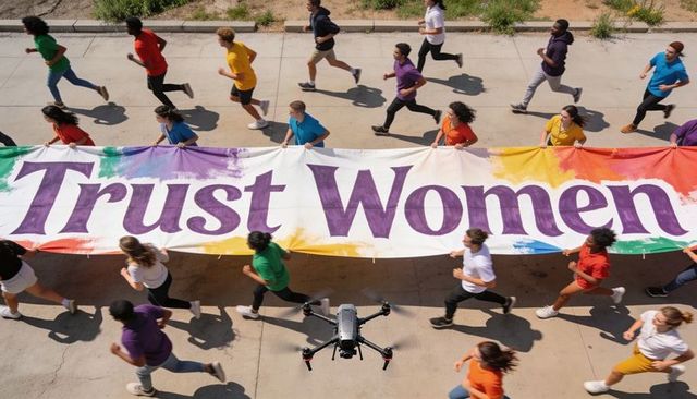 Diverse crowd carrying 'trust women' banner during colorful women's rights march, aerial