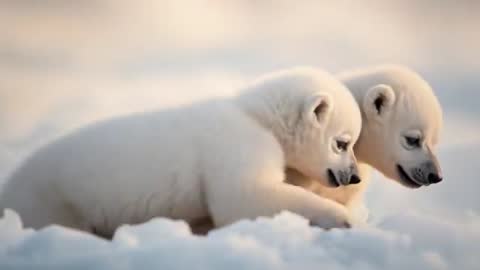 Two polar bear cubs crawling across snowy tundra at golden hour close-up wildlife video
