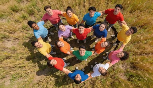 Circle of diverse teens and adults holding hands in meadow showing unity and teamwork