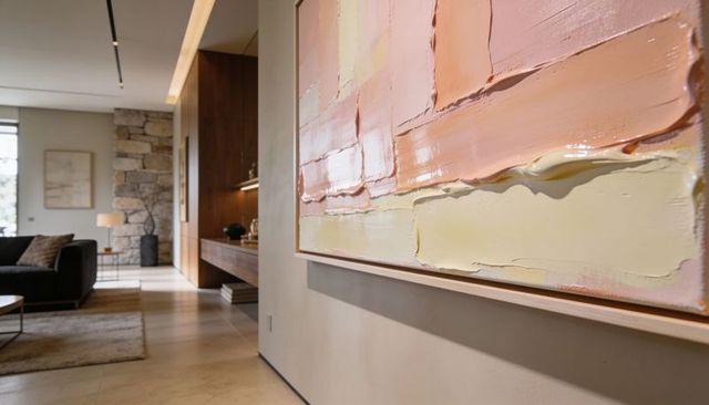 Large textured pastel impasto painting hanging in contemporary hallway with dark sofa