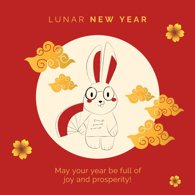 Composition of lunar new year text over rabbit on red background. Chinese new year, tradition and celebration concept digitally generated image.