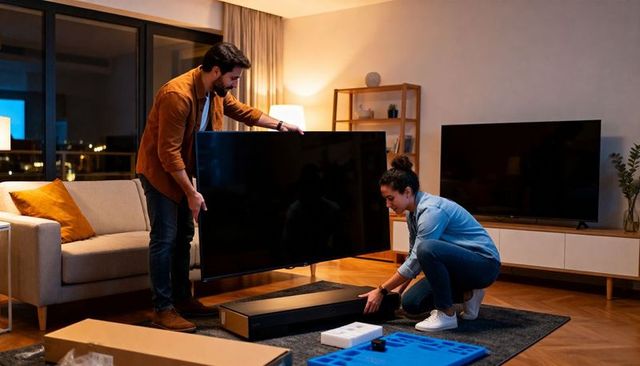 Couple installing large flat screen tv with soundbar in cozy urban living room