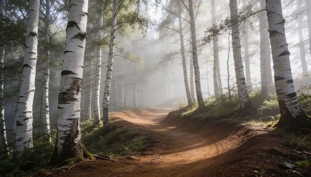 Winding birch trail glowing in morning mist with sunbeams and mossy roots
