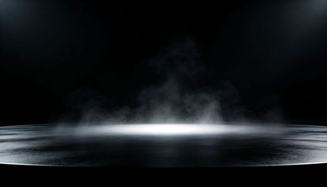 Glowing Glossy Circular Platform Casting Low Fog and Reflections Under Two Spotlights
