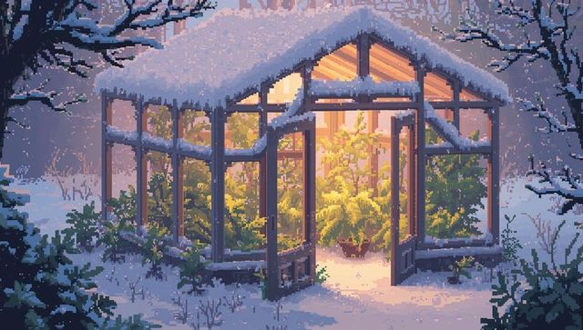 Pixel art greenhouse glowing in snowy twilight with open doors spilling warm golden light