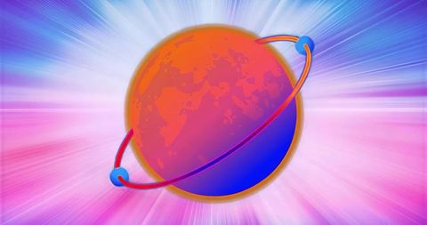 Rotating Stylized Planet with Neon Orbital Ring and Glowing Cosmic Burst Background