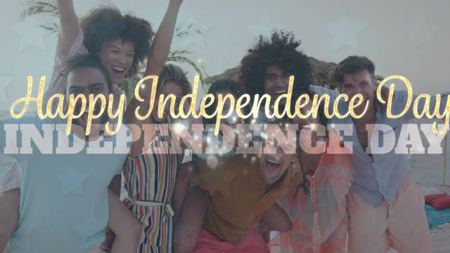 A group of diverse friends is celebrating Independence Day at the beach, capturing the joyous spirit of July 4th. This scene, full of smiles and energy, is ideal for illustrating holiday celebrations, community gatherings, and promotional materials focusing on freedom and togetherness.