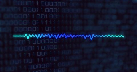 Neon waveform running across binary grid, glowing data visualization and cyber signal