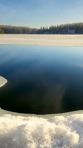Vertical winter video ice disk slipping through cut-out hole sinking into frozen lake