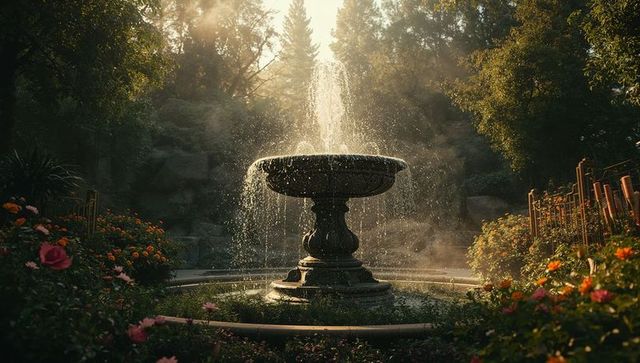 Tranquil fountain in lush blooming garden at sunlight