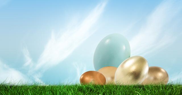 Colorful Easter Eggs on Fresh Green Grass under Blue Sky - Download Free Stock Photos Pikwizard.com