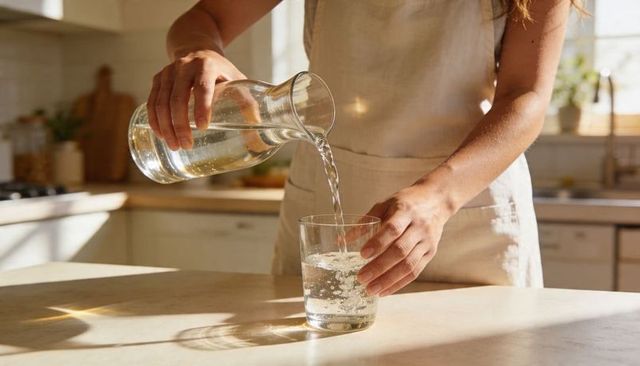Woman pouring fresh water from glass pitcher into glass on sunlit kitchen counter
