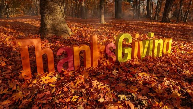 3D Thanksgiving Letters on Leaf-Strewn Forest Floor with Warm Autumn Sunlight and Long Tree Shadows