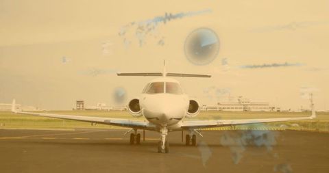 Sleek Private Jet with Futuristic Overlays on Airport Runway