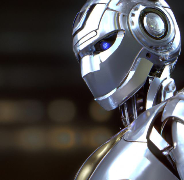 Futuristic robot with shiny metallic armor and blue eye. Ideal for technology articles, artificial intelligence discussions, and sci-fi stories. Suitable for websites or media focusing on future tech, robotics, and innovation.
