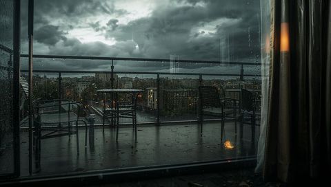 Rain-Drenched Urban Balcony at Dusk with Empty Metal Chairs and Warm Lamp Glow
