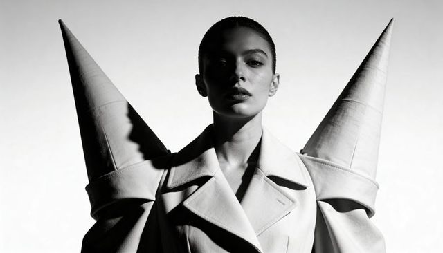 Posing model wearing sculptural cone-shoulder coat in high-contrast monochrome portrait