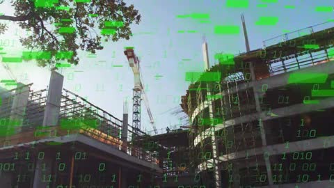 High-Rise Construction Visualizing Live Site Data with Green Binary Overlay and Crane
