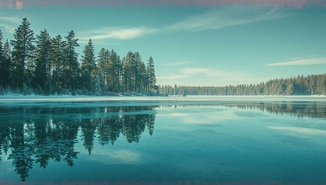 Serene Winter Lake Reflection with Evergreen Forest