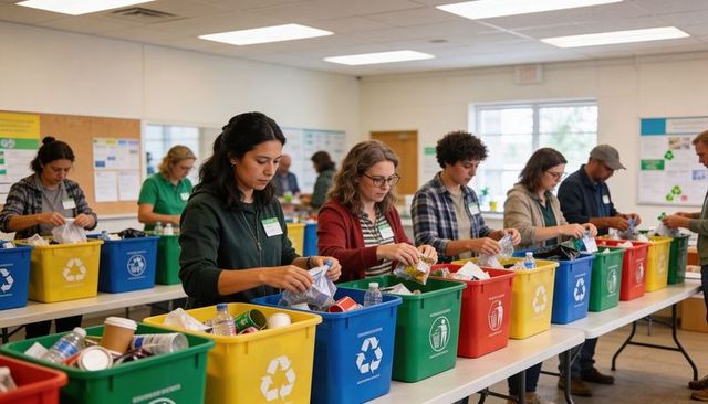Community volunteers sorting recycling and waste into color-coded bins for sustainability education