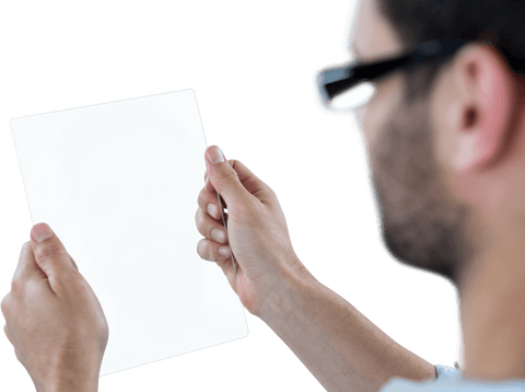 Man Using Transparent Futuristic Digital Tablet with Reflection - Download Free Stock Videos Pikwizard.com
