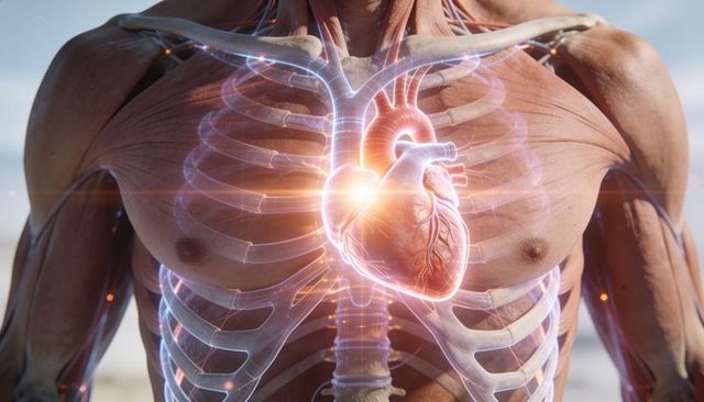 Glowing heart revealing vascular system inside male torso with translucent ribcage