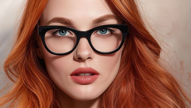 Red-Haired Woman in Black Glasses with Sophisticated Expression