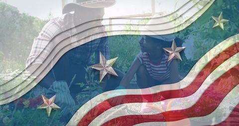 American Patriotism with Father and Daughter Gardening