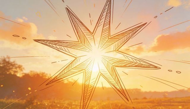 Hand-drawn starburst radiating over sun flare in golden meadow at sunset