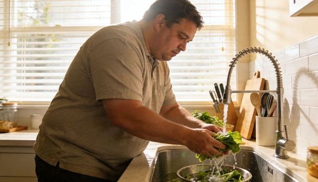 Middle-aged man rinsing leafy greens at sunlit kitchen sink with coil faucet using colander