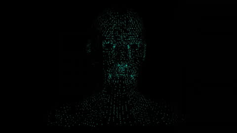 Digital Human Head with Spinning Green Binary Code on Black