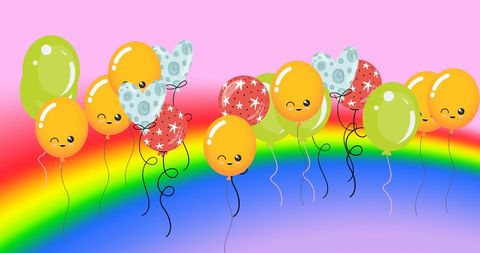 Whimsical balloons floating over peaceful rainbow
