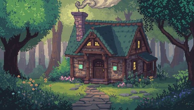 Glowing pixel art forest cottage with lanterns and stone path at twilight, cozy fantasy